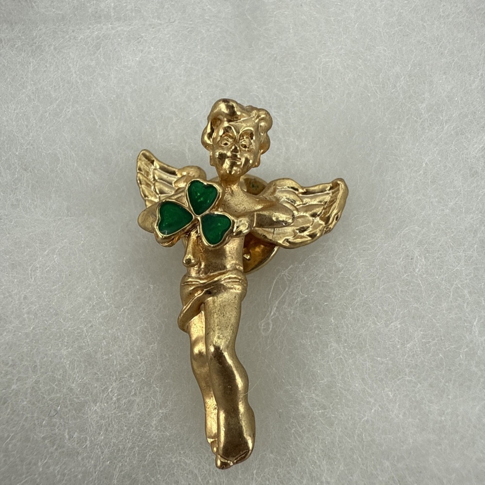 Avon Angel Lapel Pin With Green Clover Shamrock Satin Gold Tone Finish